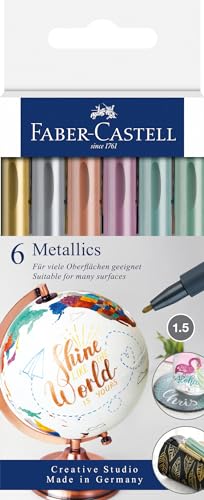 FABER-CASTELL 160706 - Metallics Marker mit Faserspitze, 1,5 mm Strichstärke, für viele Oberflächen geeignet, mit Metalliceffekt in gold, silber, bronze, lila, blau und grün, 6er Set von Faber-Castell