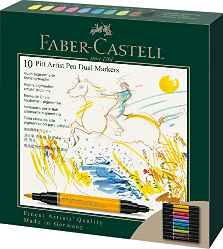 FABER-CASTELL 162010 - Pitt Artist Pen Dual Marker Tuschestift, mit zwei Spitzen, eine Pinselspitze und eine metallgefasste Faserspitze, 10er Kartonetui von Faber-Castell