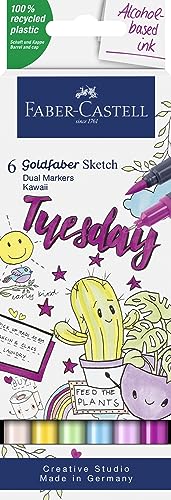 Faber-Castell 164811 - Goldfaber Sketch Marker Kawaii, 6er Etui Alkohol Marker mit Brush Spitze und Fineliner Spitze von Faber-Castell