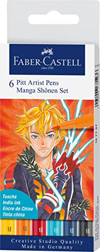 Faber-Castell 167157 - Tuschestift Pitt Artist Pen Manga Shônen, mit Pinselspitze in verschiedenen Schreibfarben, 6er Etui von Faber-Castell