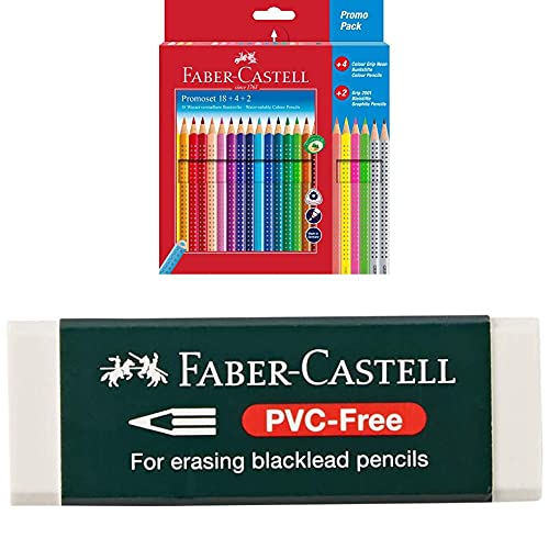 Faber-Castell 201540 - Promotionset Colour Grip 18+4+2 + 188121 - Radierer 7081 N PVC-Free, Kunststoff, weiß von Faber-Castell