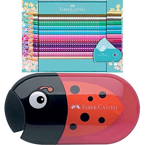 Faber-Castell 201641 - Geschenkset Sparkle, 20 Buntstifte und Eine Sleeve Spitzdose Mini + 183526 - Doppelspitzdose Käfer Inklusiv Radierer von Faber-Castell