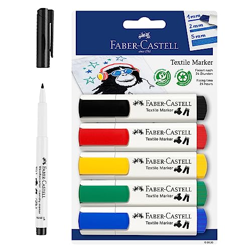 FABER-CASTELL 205066 - Textilmarker Set für helle Stoffe, Stoffmalstifte in 5 Standardfarben und Textilstift schwarz von Faber-Castell