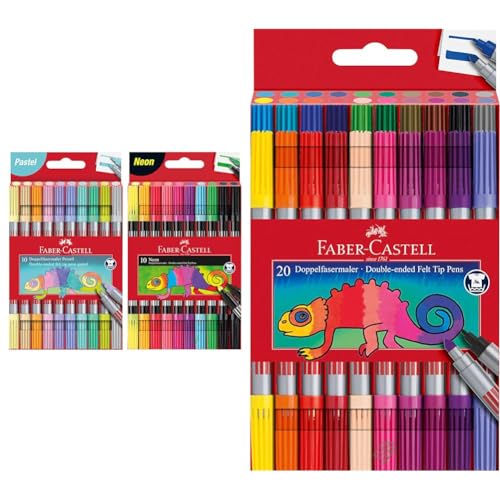 Faber-Castell 205098 - Filzstifte Set Pastell und Neon, 20 Doppelfasermaler für Kinder und Erwachsene & 151119 - Filzstifte Set 20-teilig, Doppelfasermaler für Kinder und Erwachsene von Faber-Castell