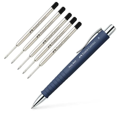 Faber-Castell 241165 - Kugelschreiber Poly Ball M, dunkelblau, 1 Stück, mit auswechselbarer Mine, dokumentenecht (1 Stück + 5 schwarze Ersatzminen M) von Faber-Castell