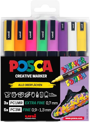 uni-ball 186828 - POSCA Marker Set Sneaker Stifte, 8er Etui, deckend auf dunklen Oberflächen von Faber-Castell