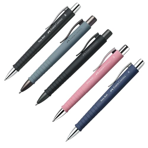 Faber-Castell - Kugelschreiber Poly Ball XB 5er Set schwarz, rosé, stone grey, all black und dunkelblau (M) je 1 Stück, mit auswechselbarer Mine, dokumentenecht (5 Stück, Bunt) von Faber-Castell