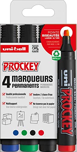 Uni-Prockey 159004 - Permanentmarker Uni Prockey, Keilspitze, 3 - 6 mm, 4er Etui, Inhalt: schwarz, grün, rot und blau von Faber-Castell