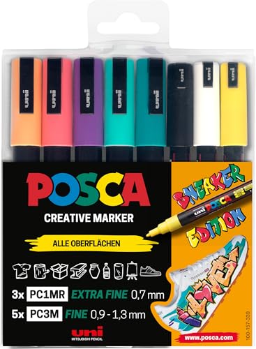 uni-ball 186827 - POSCA Marker Set Sneaker Stifte, 8er Etui, deckend auf hellen Oberflächen von Faber-Castell