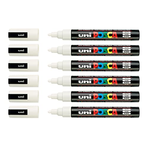 Faber-Castell uni-ball 205026 - Marker POSCA mit mittelfeiner Rundspitze, weiß, 6 Stück, PC-5 von Faber-Castell