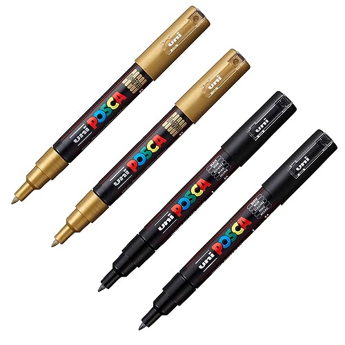 Uni-Ball 205081 - POSCA Marker Set, gold und schwarz, 4 Stück, Acrylstifte PC-1MC, 0,7 mm von Faber-Castell