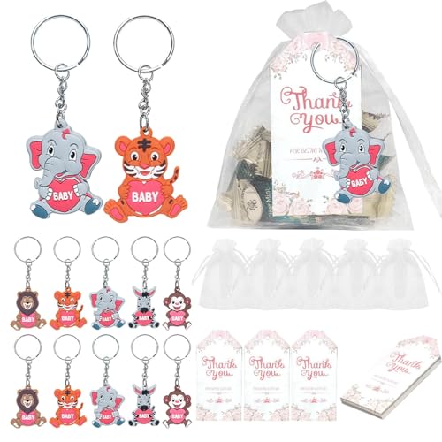 Fabixoin Babyparty-Schlüsselanhänger, Babyparty-Souvenirs, Schlüsselanhänger für Kleinkinderpartys, Schlüsselanhänger-Set mit Tiermotiven zur Babyparty für Jungen und Mädchen, Organzabeutel mit von Fabixoin