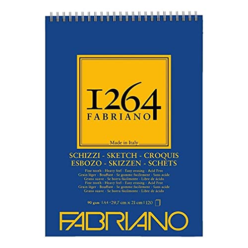 Honsell 19100637 - Fabriano Schizzi Skizzenblock 1264 mit Kopfspirale, 90 g/qm, DIN A4, 120 Blatt Skizzenpapier in elfenbeinweiß, säurefrei, leicht gekörnt, für alle Trockentechniken von Fabriano