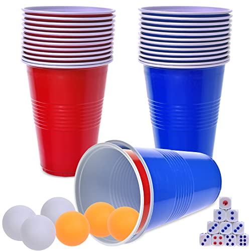 Faburo 46PCS Partybecher Becher Set, Red Cups Blue Cups Trinkbecher 480ml/16oz mit Tischtennisball Würfel Pong Party Becher Wiederverwendbare Becher für Weihnachten Geburtstagsfete Hochzeit von Faburo