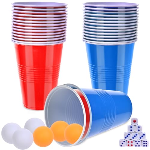 Faburo 46PCS Partybecher Becher Set, Red Cups Blue Cups Trinkbecher 480ml/16oz mit Tischtennisball Würfel Pong Party Becher Wiederverwendbare Becher für Weihnachten Geburtstagsfete Hochzeit von Faburo