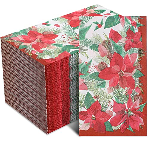 Faccito 100 Stück Weihnachten Servietten Weihnachtsstern Papier Servietten Rote Blumen Cocktail Servietten Vintage Dekorative Abendessen Servietten für Gäste Feiertag Party (Weihnachtsstern) von Faccito