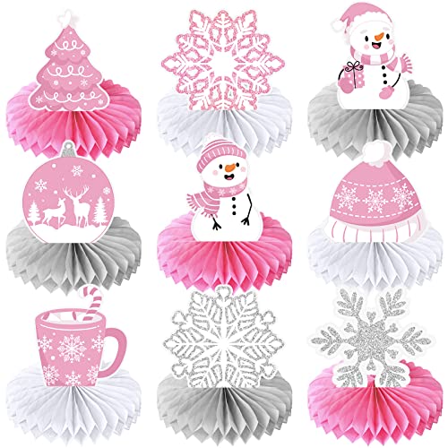 Faccito 9 Stück Winter Bienenwabe Tischdeko Schneeflocke Bienenwabe Party Dekoration Rosa Papierwaben Mittelstücke für Winter Thema Weihnachten Geburtstag Baby Shower Party Zubehör von Faccito