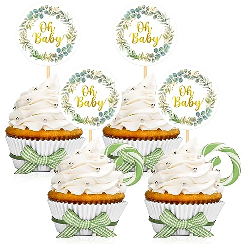 Faccito 25 Stück Oh Baby Cupcake Topper Boho Kuchen Deko Babyparty Tortendeko Kuchen Topper für Mädchen Jungen Geschlecht Verkünden Party Geburtstag Zubehör (Eukalyptus) von Faccito