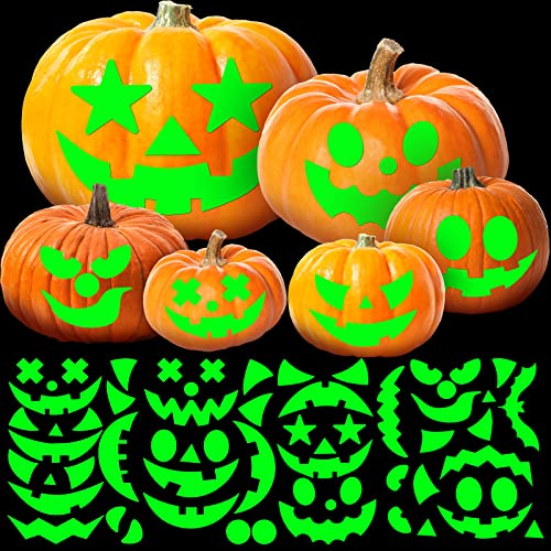 Faccito 4 Stück Halloween Leuchtender Kürbis Aufkleber Halloween Kürbis Gesicht Aufkleber Leuchtende im Dunkeln Aufkleber Fluoreszierende Grün Aufkleber Aufkleber Kürbis Dekoration von Faccito