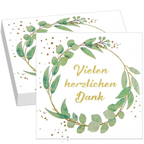 Faccito 50 Stück Eukalyptus Servietten Hochzeit Vielen Herzlichen Dank Servietten Dankeschön Geschenke 33 x 33 cm Grüne Gold Einwegservietten für Kommunion Geburtstag Taufe Gartenparty Tischdeko von Faccito