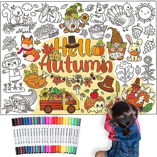 Faccito Herbst Groß Tischdecke zum Ausmalen 110 x 80 cm Hello Autumn Ausmalposter Kürbis Blätter Poster zum Ausmalen Bemalbar Tischdecke mit Malstiften für Kinder Klassenzimmer Wohnung Kunstprojekte von Faccito