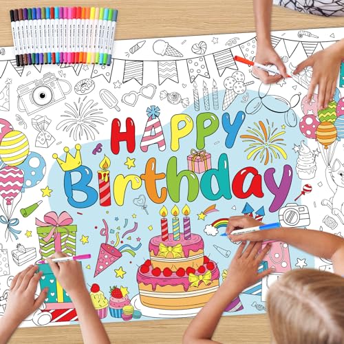 Faccito Riesiges Happy Birthday Ausmalposter mit 24 Aquarell Marker 110 x 80 cm Tischdecke zum Ausmalen Riesen Ausmalbild zum Geburtstag Maltischdecke für Basteln Geburtstag Party Mitgebsel von Faccito