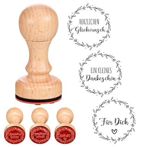 Faccito Stempel 3er Set Stempel aus Holz Herzlichen Glückwunsch Holzstempel Ein Kleines Dankeschön Holzstempel Handgemacht Stempel für DIY Basteln Karten Scrapbooking, 3 cm von Faccito