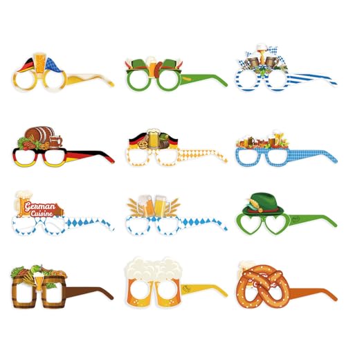 Factorys 6 Stück Oktoberfest Partybrille Funny Papier Brillen Bier Brezel Wurst Wurst Motiven Oktoberfest Foto Requisiten für Kinder Erwachsene Bayrisch Kostüm Oktoberfest Party Deko (12 Stück) von Factorys