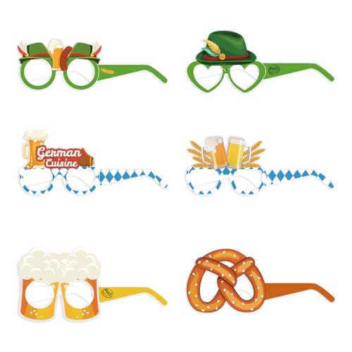 Factorys 6 Stück Oktoberfest Partybrille Funny Papier Brillen Bier Brezel Wurst Wurst Motiven Oktoberfest Foto Requisiten für Kinder Erwachsene Bayrisch Kostüm Oktoberfest Party Deko (6 Stück - A) von Factorys