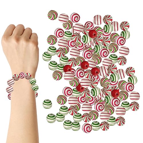 Facynde Weihnachtsperlen für Armbänder - Schmuckperlen Kit,Kleine Holzperlen, runde Zuckerstangenperle, 16 mm Armbandperlen, Weihnachtsdekoration, 180 Stück von Facynde