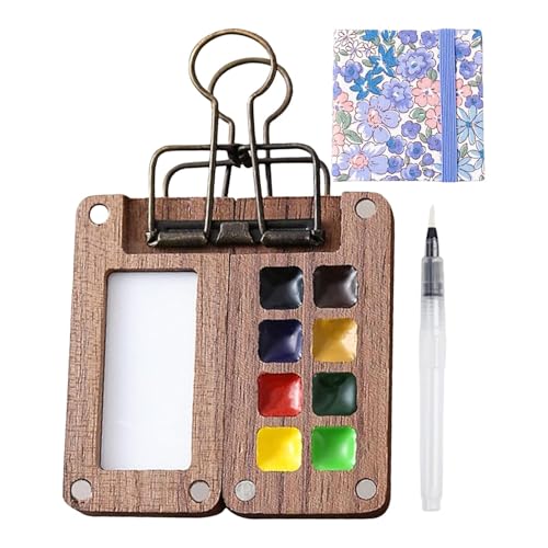 Reise-Aquarellpalette, tragbare Aquarellpalette, Holz, Kleines Aquarellfarben-Set aus Holz mit Clip, tragbare Holz mit 8 Feldern zum Zeichnen von Facynde