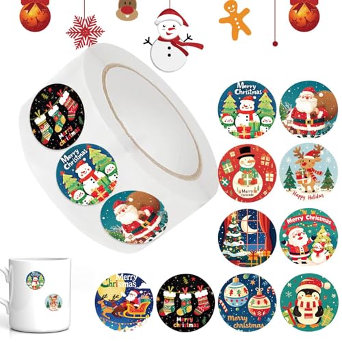 Weihnachtsthema-Aufkleber, Weihnachtsdekorationsaufkleber,500 Stück/Rolle Weihnachtsaufkleber, Etikettenrolle | Umschlagaufkleber, rundes Papier, Winterurlaub-Umschlagaufkleber, wasserfeste Urlaubsauf von Facynde