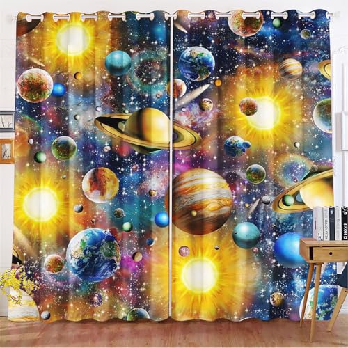 Fadaing Universum Planet Verdunkelungsvorhänge Weltraum Sternenklar Vorhänge Mit Ösen Weltraumuniversums Blickdicht Gardine Für Kinder Und Jugen (1,100x140cm(BxH)/ 50x140cmx2) von Fadaing