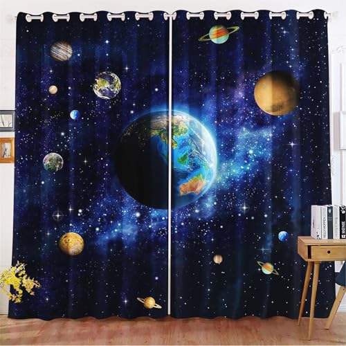 Fadaing Universum Planet Verdunkelungsvorhänge Weltraum Sternenklar Vorhänge Mit Ösen Weltraumuniversums Blickdicht Gardine Für Kinder Und Jugen (10,150x166cm(BxH)/ 75x166cmx2) von Fadaing