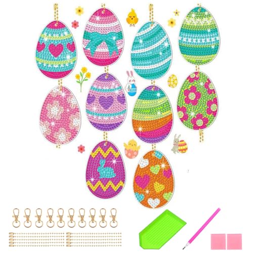 10 Stück Ostern Diamant Malerei Schlüsselbund Kinder Ostereier Doppelseitiger Stkickerei Full Drill Diamond Painting Keychain Mosaik Kunst Schlüsselring für Erwachsene Anfänger Handwerk Geschenk von Fadcaer