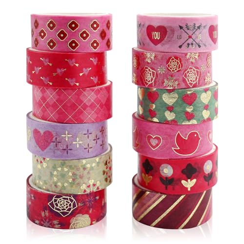 12 Rollen Valentinstag Washi Tape Set,Rosa Dekorative Masking Tapes Herz Rose Liebende Gedruckt Aufkleber Selbstklebendes Klebeband für Kunst Handwerk DIY Scrapbook Geschenk Verpackung Dekorationen von Fadcaer