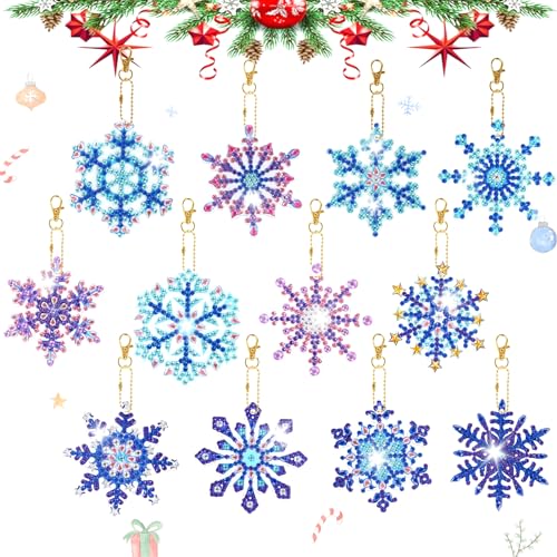 12 Stück Doppelseitig Schneeflocke Diamond Painting Anhänger,Blaue DIY Diamant Malerei Schlüsselanhänger Kits für Kinder Erwachsene,Weihnachten Schlüsselbund Strass Malerei Kunst Ornamente Dekoration von Fadcaer