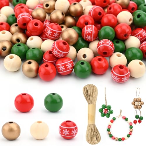 200 Stück Weihnachtsperlen Holz Weihnachten Holzperlen 16mm Farbige Holzperlen mit 10m Hanfseil Rot Gold Grün Natur Holz Bastel Perlen für DIY Weihnachtsbaum Dekoration Weihnachtsgirlanden von Fadcaer