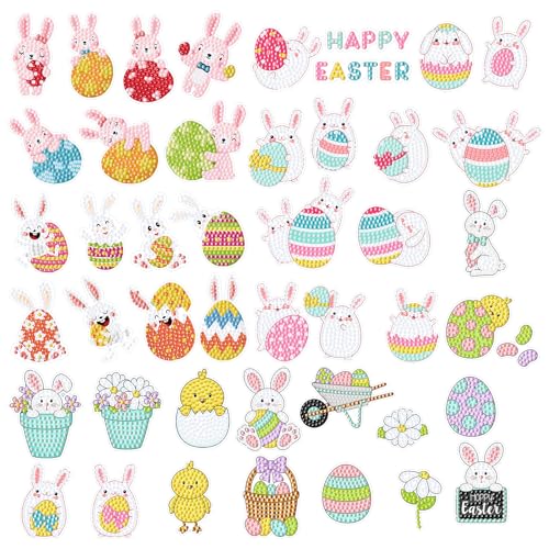 45 Stück Ostern Diamant Malerei Aufkleber,5D Diamond Painting Set Ostern für Kinder Erwachsene Anfänger,Kaninchen Hase Ei DIY Ostern Diamond Painting Sticker Set Diamant Bilder Aufkleber Kit Geschenk von Fadcaer