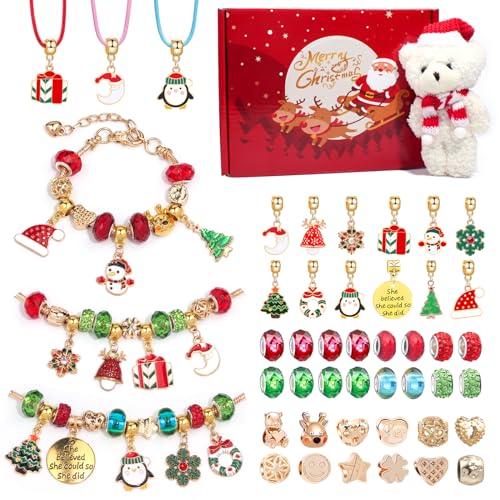 47 Stück Weihnachten Charm Armband Kit, Weihnachten Armbänder Selber Machen Schmuck Bastelset für Kinder und Frauen, Weihnachten DIY Armbänder Charms Ahänger Basteln Set mit Geschenkbox von Fadcaer