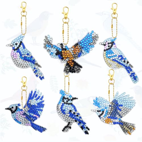 6 Stück Vogel Diamond Painting Schlüsselanhänger,5D Doppelseitig Mosaik Diamant Kunst Schlüsselanhänger,Strass Diamond Pasted Painting Schlüsselanhänger,Diamant Malerei Anhänger für Telefon Geldbörse von Fadcaer