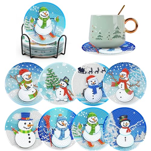 8 Stück Weihnachten Diamond Painting Untersetzer mit Halter Set Schneemann Diamant Kunst Untersetzer Winter Malsets Diamond Coaster DIY Diamant Stich Untersetzer für Kinder Anfänger Erwachsene Bastel von Fadcaer