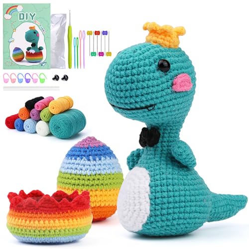 Anfänger Häkelset Komplett Dinosaurier Garne Häkeln Komplettset Tier Starter Strickset mit Zubehör Materialpaket Schritt für Schritt Video Tutorials DIY Handwerk Häkeln für Erwachsene Mädchen Jungen von Fadcaer