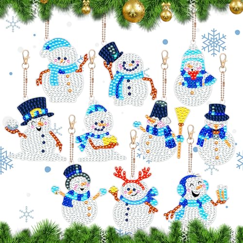 Fadcaer 10 Stück Weihnachten Kunst Schlüsselring Kit Schneemann Diamond Malerei Painting Anhänger DIY Winter Mosaik Kristall Schlüsselanhänger für Weihnachtsbaum Tasche Dekoration Geschenk von Fadcaer