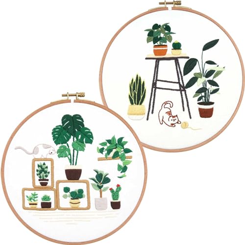 Fadcaer Stickerei Anfänger Sets 2 Stück Pflanzen Muster Embroidery Kit mit Tool und Anleitung Kätzchen Vorgedruckt Stickbilder DIY Embroidery Stitch Lernen für Bastel Enthusiasten Kinder Erwachsene von Fadcaer