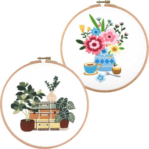 Fadcaer Stickerei Set Anfänger,2 Set Kreuzstich-Kit für Anfänger,Kreuzstich mit Blumenmuster Pflanzen,Stickerei Kreuzstich Set mit Farbfäden und Werkzeuge,Embroidery Starter Kitfür Erwachsene Anfänger von Fadcaer