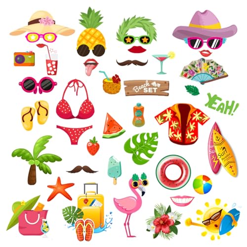 Photo Booth Props Kit 44 Pcs Hawaiian Cardboard Selfie Props Schnurrbart Pool Party Zubehör Dekoration DIY Lustige Tropische Selfie Booth Requisiten mit Sticks für Seaside Birthday Party Game Supplies von Fadcaer