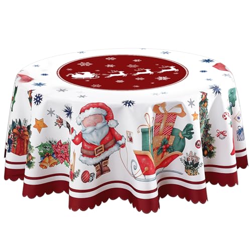 Weihnachten Runde Tischdecken 60 Zoll Rot Polyester Weihnachtsmann Tischdecke Weihnachten Runde Tischdecke Runde Tischdecke Waschbar Polyester Xmas Tischdecke für Weihnachten Party Abendessen von Fadcaer