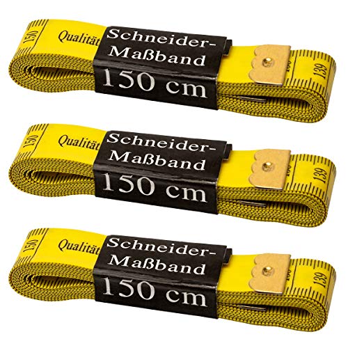 Faden & Nadel 3 x Schneidermaßband, Maßband, Bandmaß in gelb, Länge: jeweils 150 cm lang von Faden & Nadel