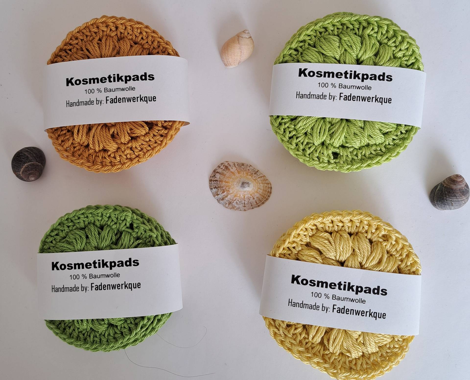 Nachhaltige Kosmetikpads/Abschminkpads Aus Baumwollgarn, Unifarben, Versch. Farben Gold, Apfel, Basilikum, Zartgelb, 4Er Pack von Fadenwerkque